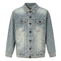 Men Distressed Ripped Denim Jacket Streetwear Loose Cotton Coat Fashion Vintage Blue Black Beige Outerwear