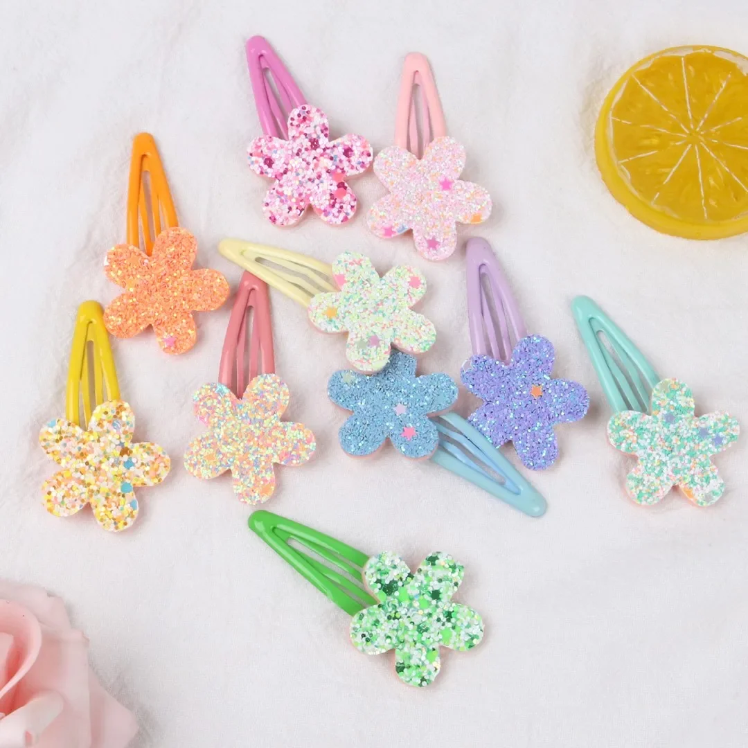 2/10pcs Glitter Flower Hair Clips Cute Children Girls Hairpins Candy Colors Floral Hairclips Kids Barrettes Hair Accessories