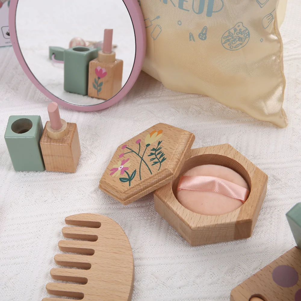 Juego de salón de belleza de madera, juego de maquillaje de madera, tocador de maquillaje para niñas, juguetes cosméticos, regalos de cumpleaños para niños