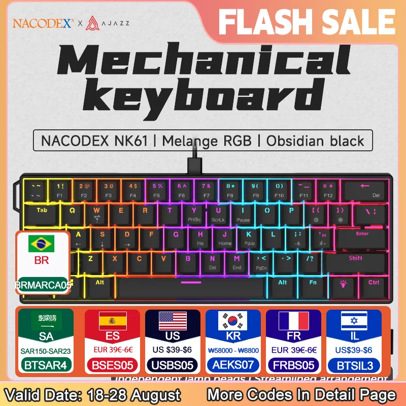 

AJAZZ NK61 wired keyboard full-color RGB light with side atmosphere, equipped with row strip sleeve, hot swappable red switch