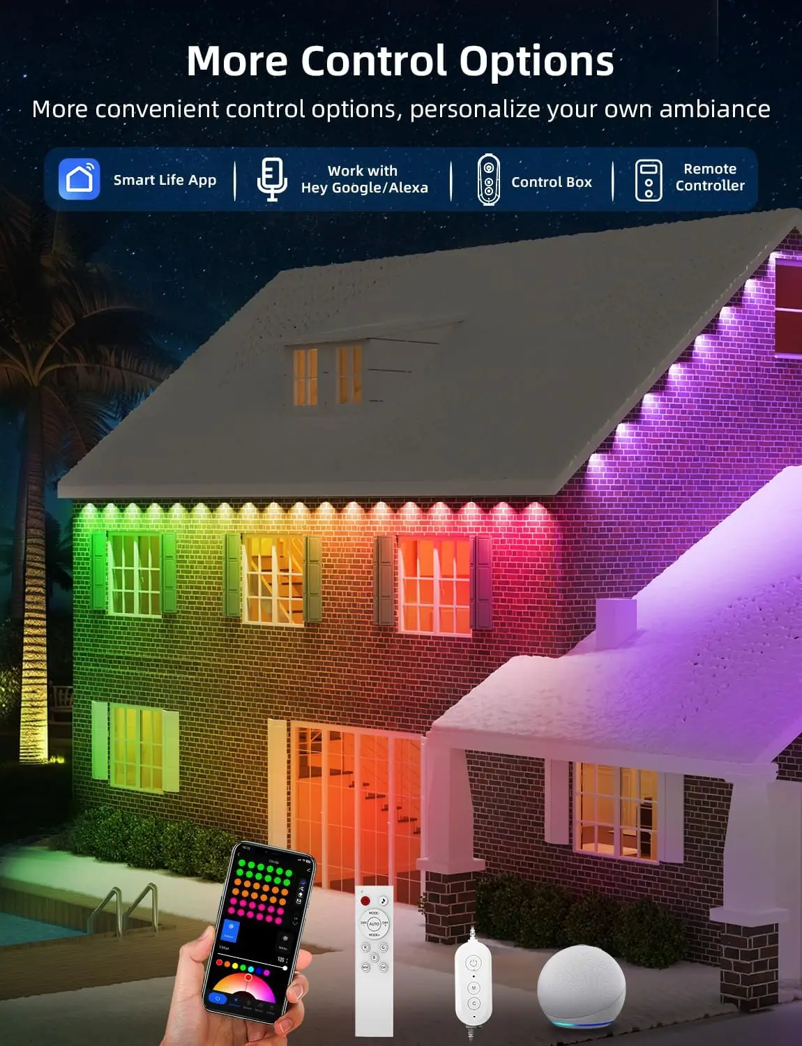 100 قدم مع 72 مصباح LED، 111 وضعًا للمشهد، أضواء RGBW الذكية مع 40 لومن أبيض دافئ، تطبيق وجهاز تحكم عن بعد لعيد الميلاد والعطلات والأعمال