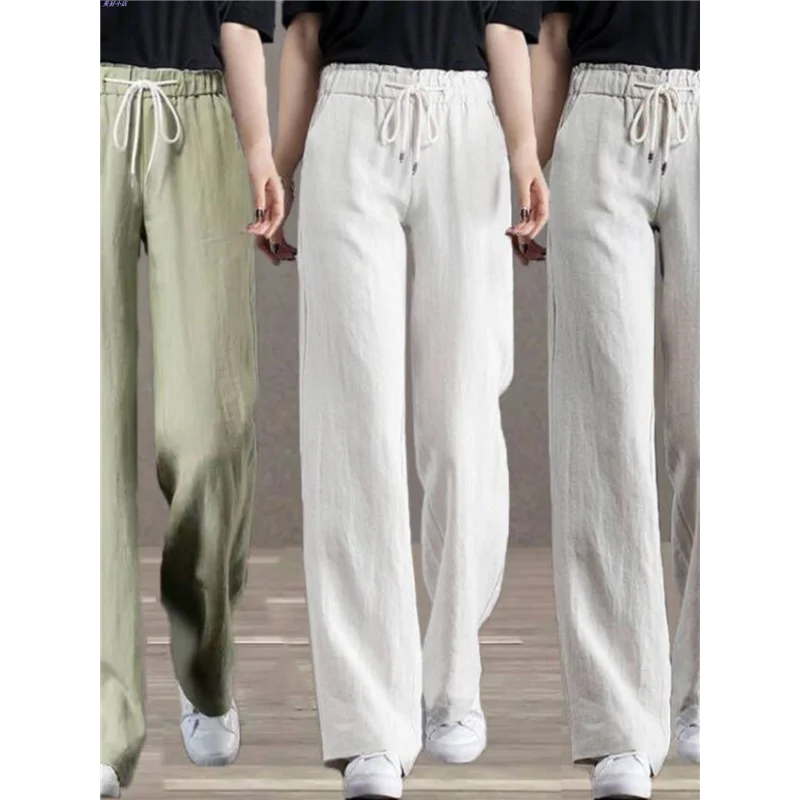 بنطلونات كاجوال عالية الخصر مستقيمة الساق من مزيج القطن، بنطلونات واسعة ورفيعة للنساء، متعددة الاستخدامات ومريحة وفضفاضة.