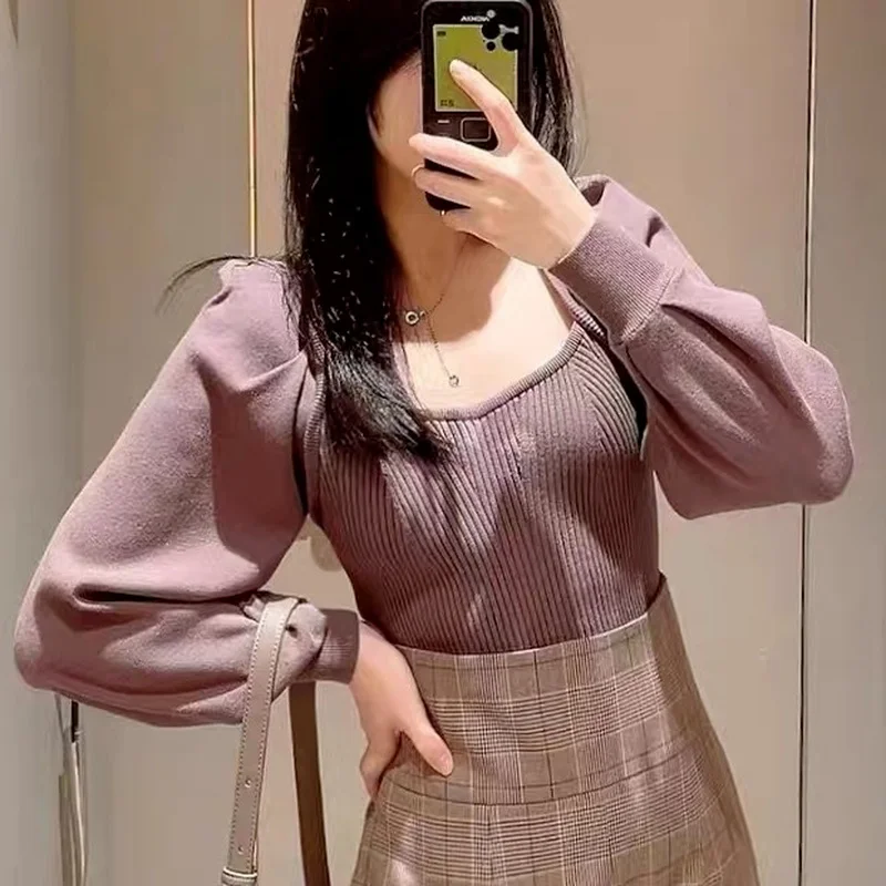 

2022 Winter New Women Sweater Japanese Slim Square Collar Puff Sleeve Solid Pullover Temperament Commuter Jumpers