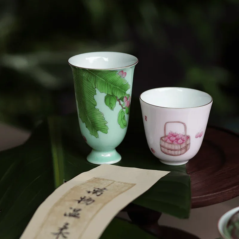 Hand-painted teacup, cherry banana pair, gift