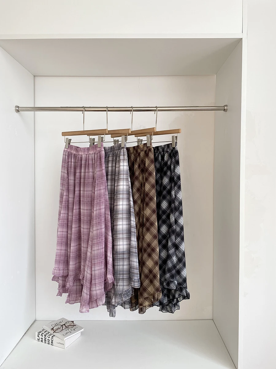 

Spring 2026 High Waist A-Line Midi Skirt Women's Checkered Half-length Flared Slimming Skirt Polyester Fiber Wrap-around Style