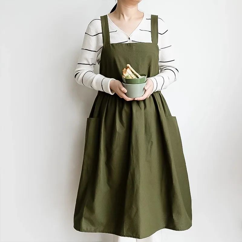 

Plus Size Wider Waterproof Cotton Apron with Pockets and Adjustable Button Straps for Kitchen Women's Cooking Cleaning Pinafore