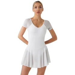 Body da ginnastica da donna maglia da balletto abito a portafoglio manica corta senza schienale maglia trasparente arruffata abiti da body con gonna Dancewear