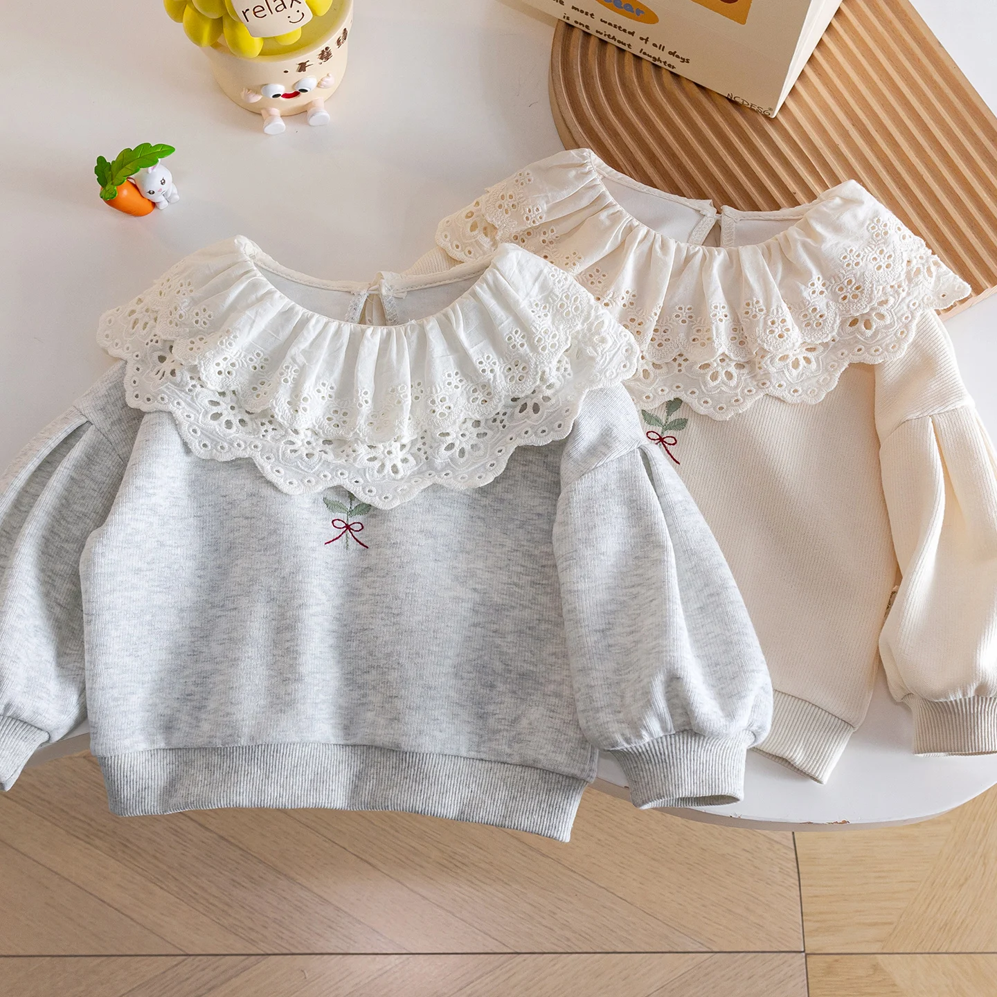 Long Sleeve Pullover Loose Hoodies Embroidery Flower Pullover T-shirts Kids Girls Long Sleeve Hoodies Double Layer Ruched O-neck