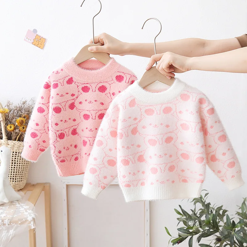 Autumn Winter Baby Girl Sweater Cotton Rabbit All Printing Kid Girl Knitwear Pullovers Thick Warm Fleece Toddler Girl Undershirt