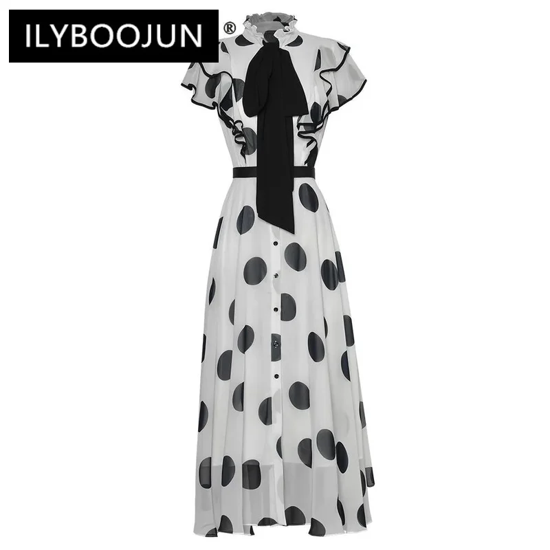 

ILYBOOJUN Summer Fashion Runway Dress Women Polka Dot Print Irregular Ruffled Strap Single breasted Big Swing Maxi Dresses