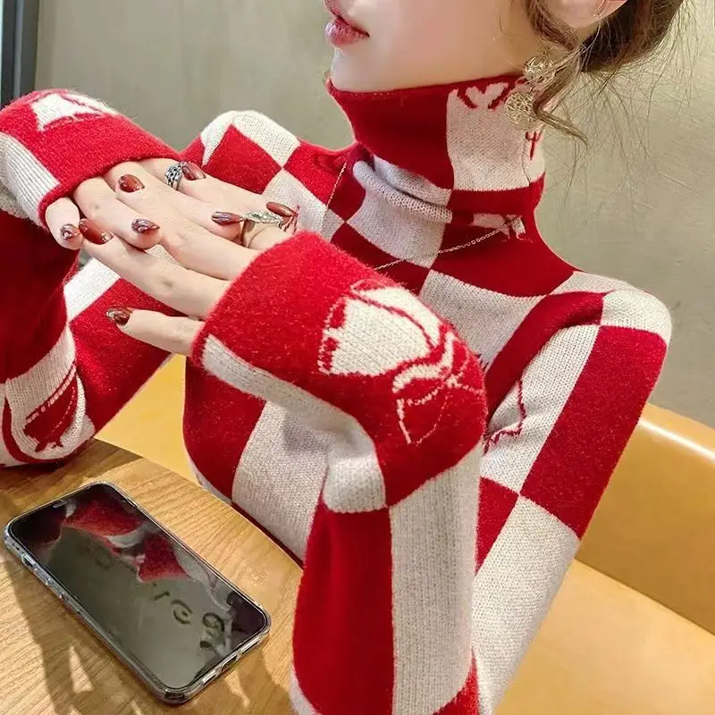 Women Clothing Plaid Slim Turtleneck Sweaters Autumn Winter Fashion Chic Knitted Pullovers Elasticity Y2k Knitwear Tops