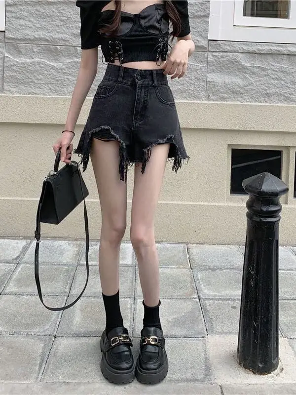 

Loose A-Line Denim Shorts for Women Thin Summer Black Flared Tassel Design plus Size Wide Leg Casual Fashionable Hot Pants