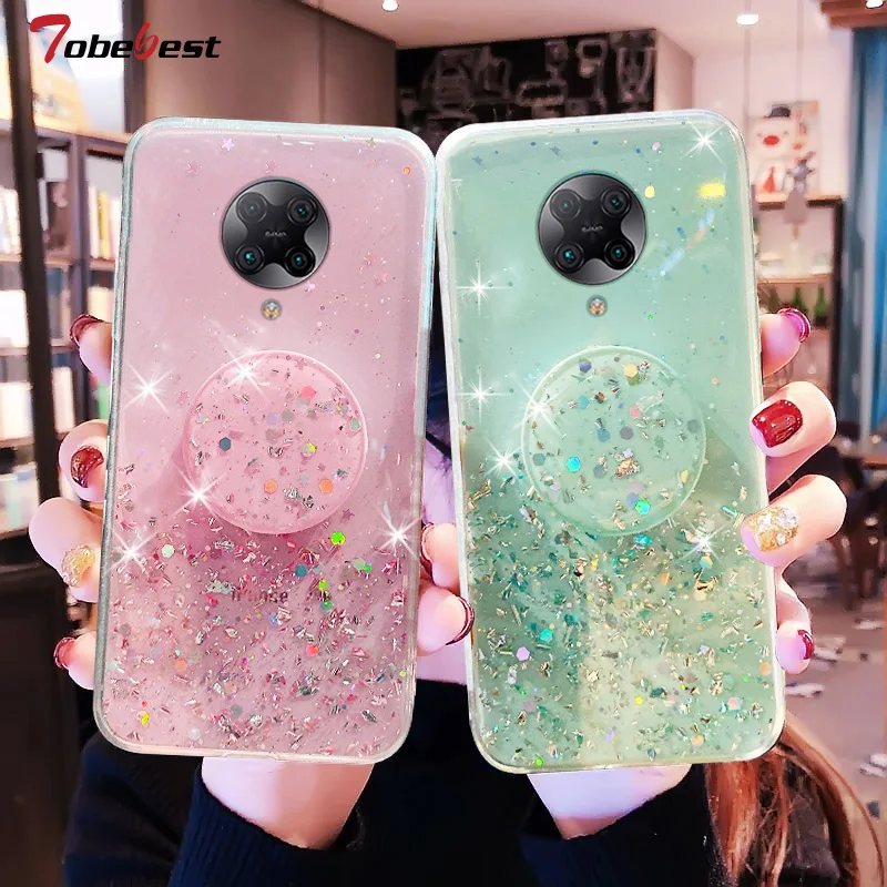 Bling Glitter Silver Foil phone holder Case For Xiaomi Mi Poco X3 NFC X4 M4 M3 F2 Pro X2 Redmi K30 K20 Pro Core Silicone Cover