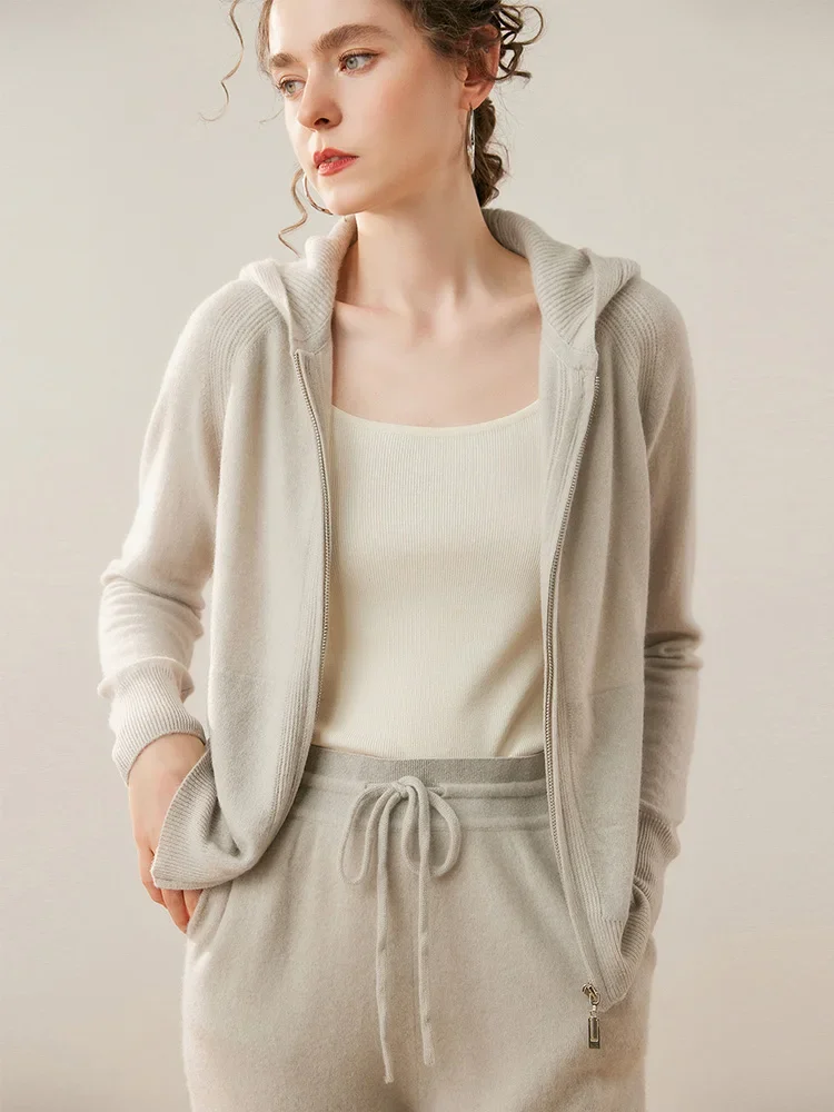 

M.Chic Autumn Winter Zipper Coat 100% Cashmere knitwear Women's Hooded Sweater Cardigan Luxury Casual Simple Solid Color Tops