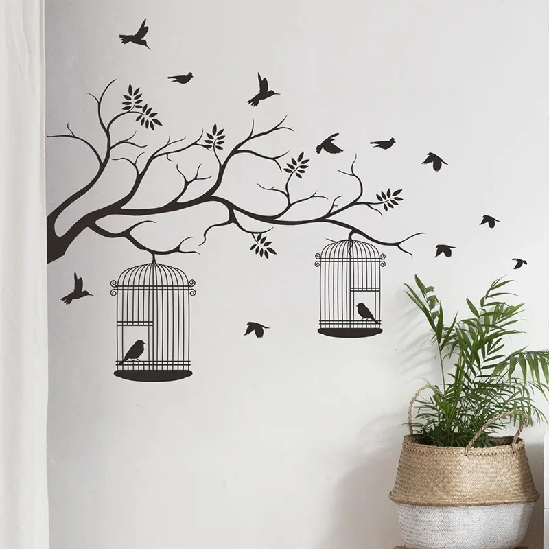 Black birdcage branch bird sticker for living room bedroom decoration self adhesive wall art decal