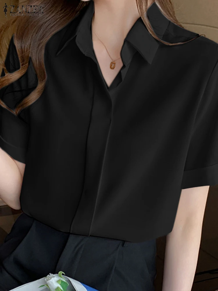 ZANZEA Summer Fashion Women Blouse Casual Solid Work OL Shirt Half Sleeve Lapel Neck Button Tunic Tops Blusas Femme Chemise