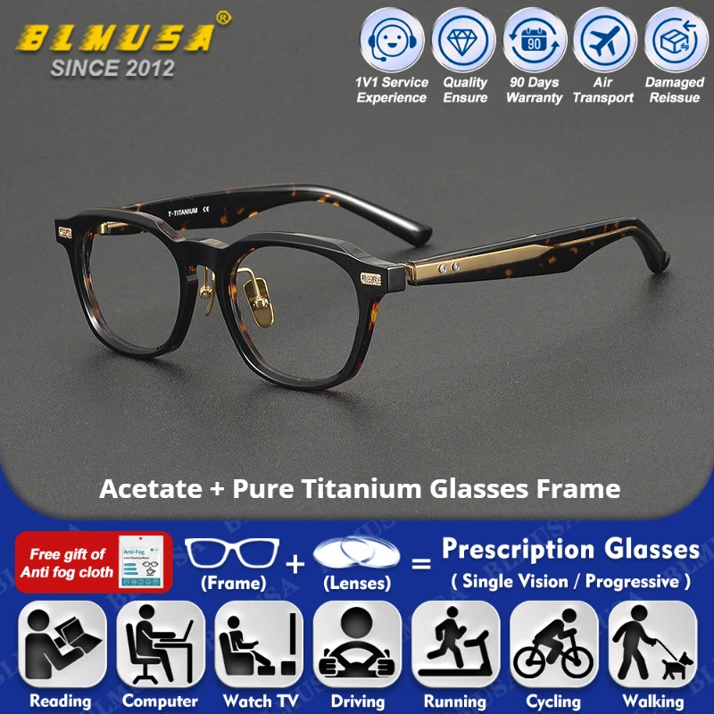 

BLMUSA (S) New Trendy High Quality Round Handmade Acetate Myopia Eyeware Men Anti Blue Ray Optical Reading Prescription Glasses