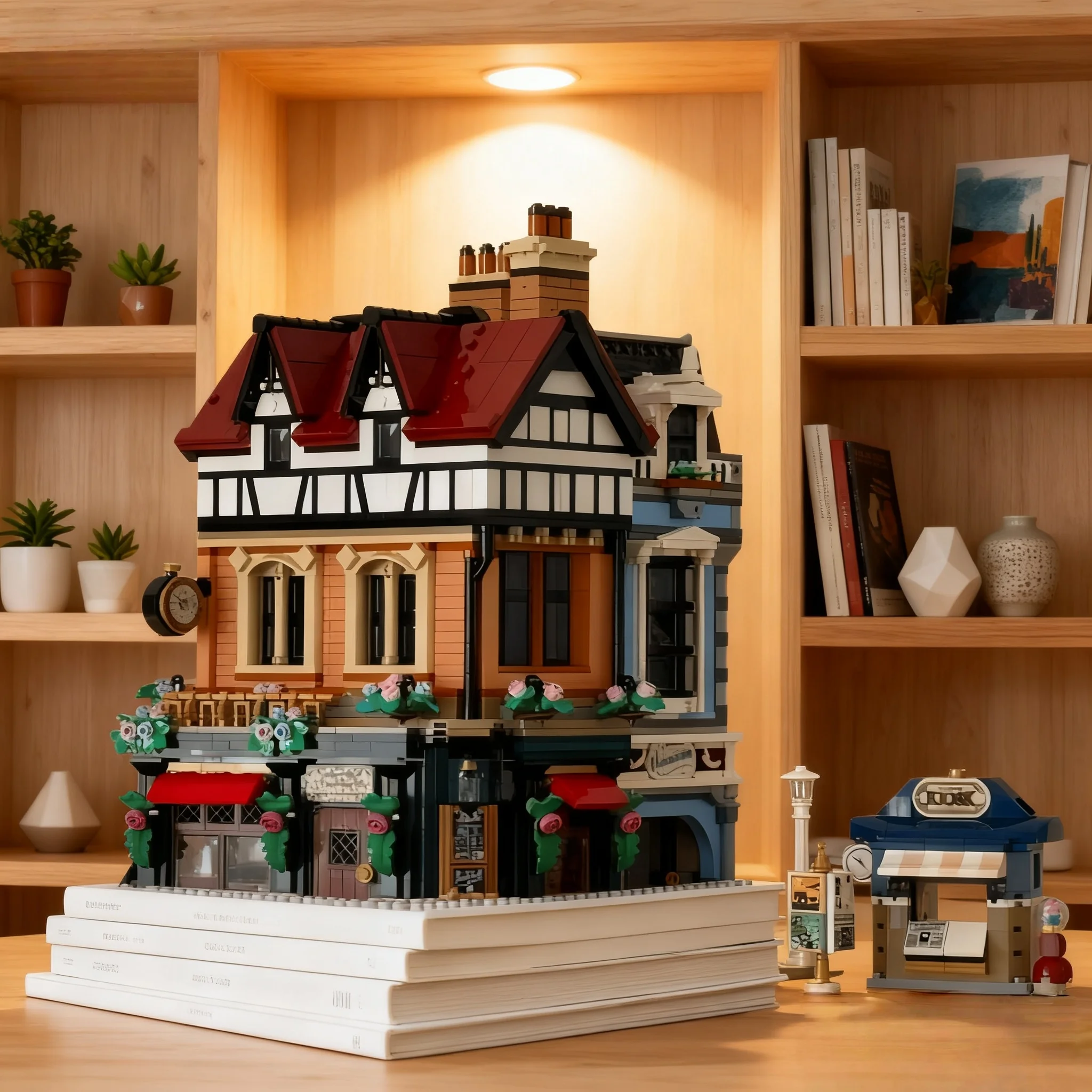 

Креативный набор MOC2026: новый интересный модульный конструктор для домашнего декора в стиле Тюдор, угловой модульный дом, набор строительных блоков для взрослых, имитация уличной сцены.