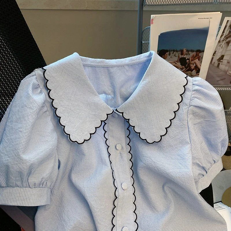 Blusa de encaje con cuello Peter Pan para mujer, camisa de manga corta con botonadura única, Tops Vintage a cuadros, 2024