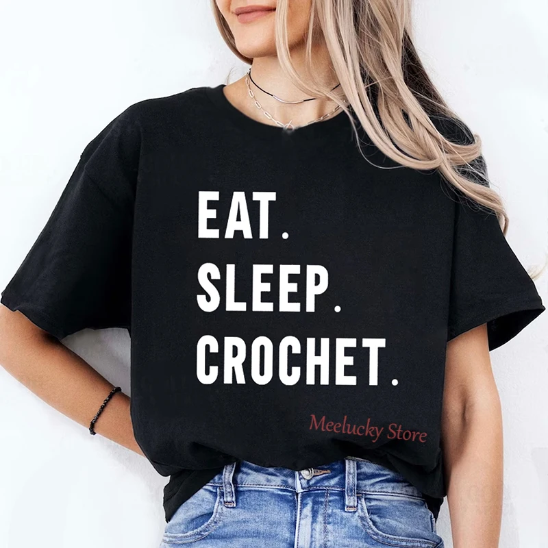 Eat sleep crochet letter pattern simple and loose summer women's top, Korean version simple and refreshing