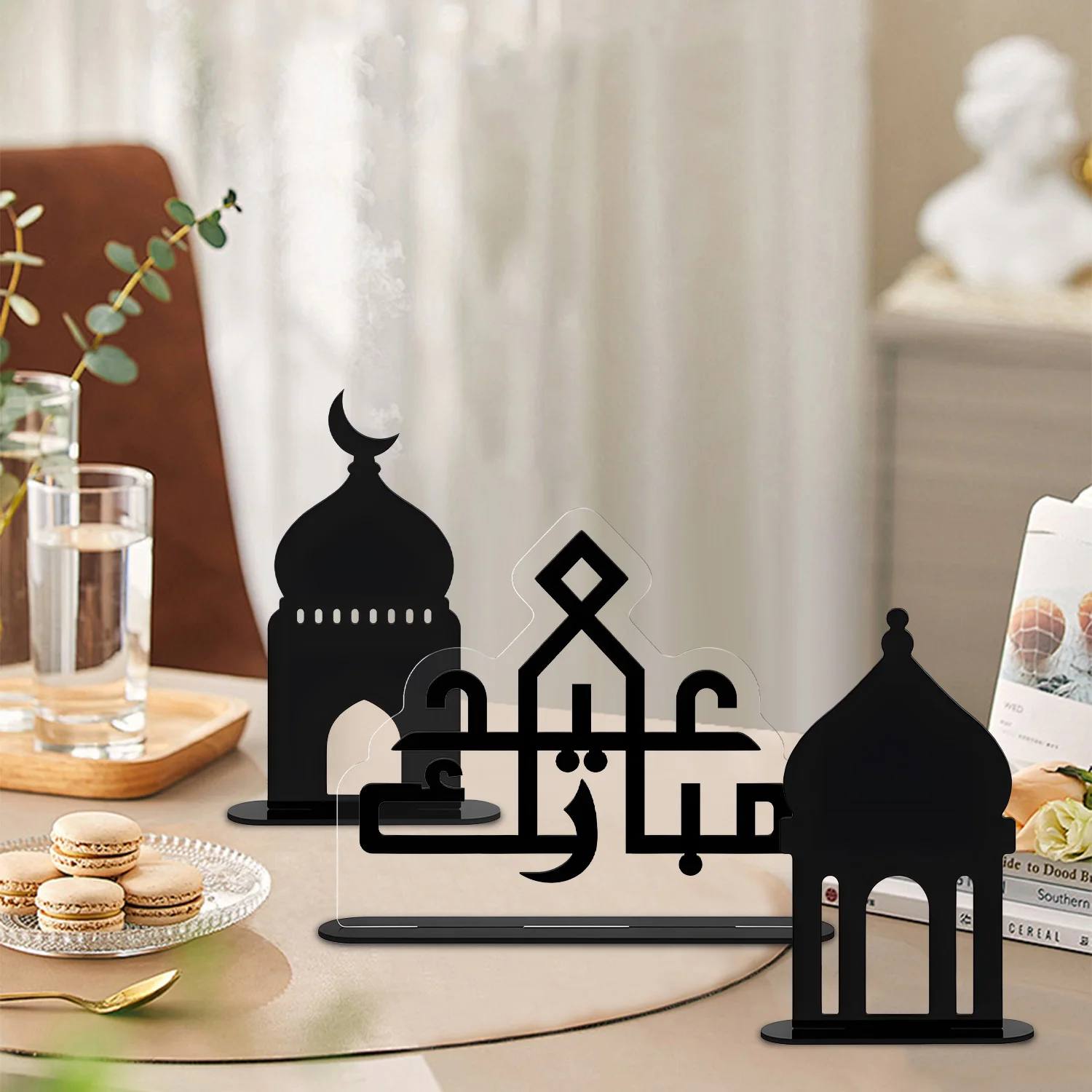 Castillo con letras acrílicas negras, adorno de Luna, Eid Home, decoración de fiesta musulmana islámica, Ramadán Eid Mubarak, decoración de mesa, regalo, recuerdo para adultos