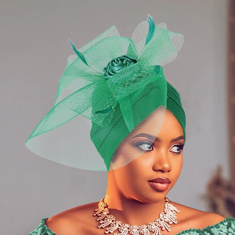 

Big Flower Turban Cap Mesh Feather African Auto Gele Headtie Women Hat Wedding Party Headscarf Bonnet Hijab Nigeria Head Wrap
