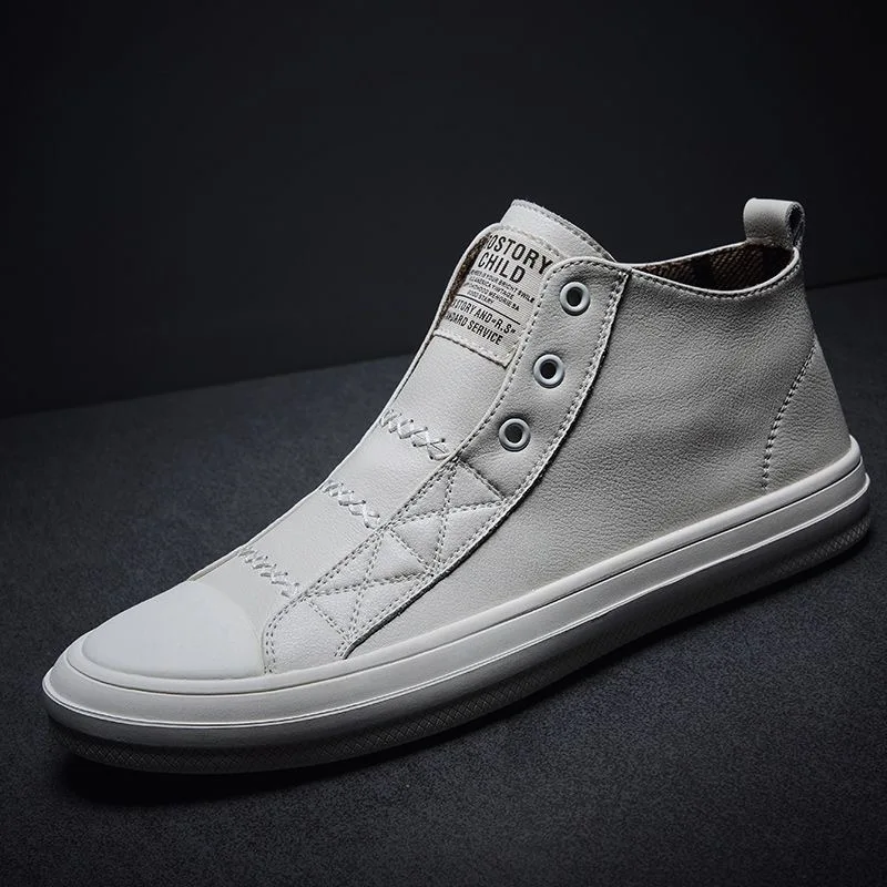 New 100% Genuine Leather Shoes Men High top Fashion Sneakers Flat Brand Black White Shoes Cool Street Young Male Footwear DX233