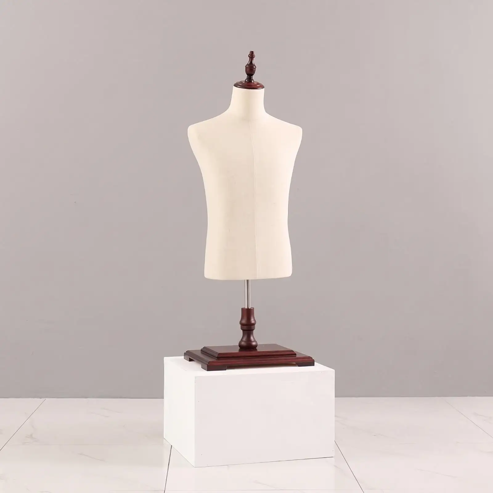 Mannequin Display Stand for Mens Clothing Boutique Half Body Torso Form with Plastic Wood Fabric Construction and Decorative