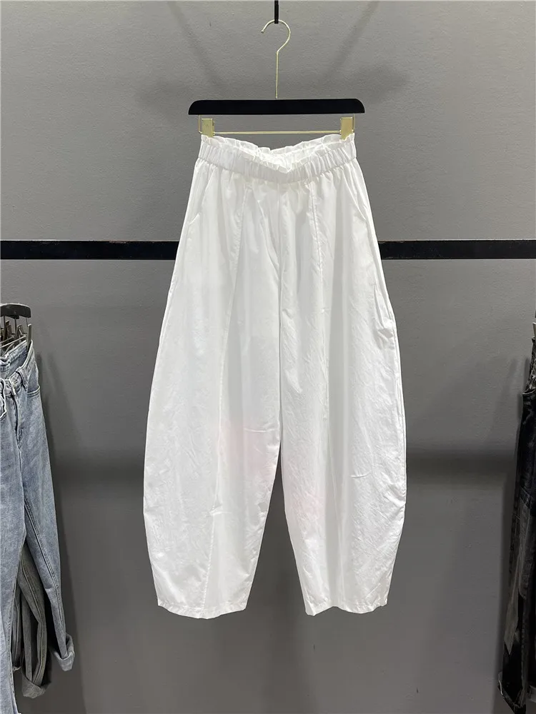 

White Casual Wide Leg Pants Women's Summer Thin Balloon Pants Elastic Waist Loose Slimming Banana Pants Cotton Blend Harlan P...