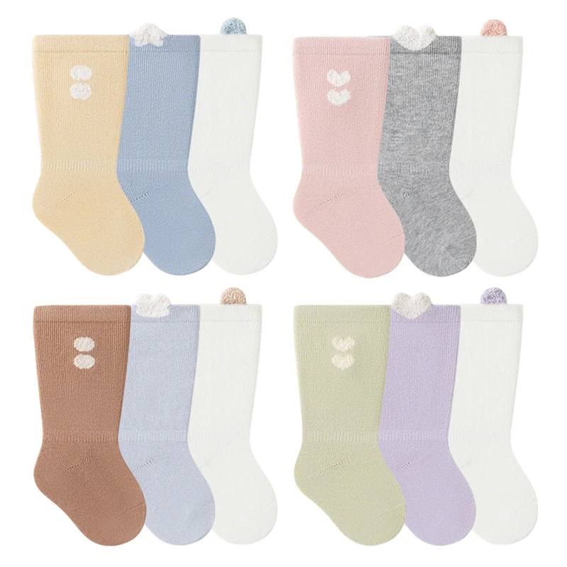 3 Pairs Soft Cotton Mid Tube Baby Socks Cute Breathable Solid Color Newborn Socks Warm Infant Toddler Socks For Girls Boys