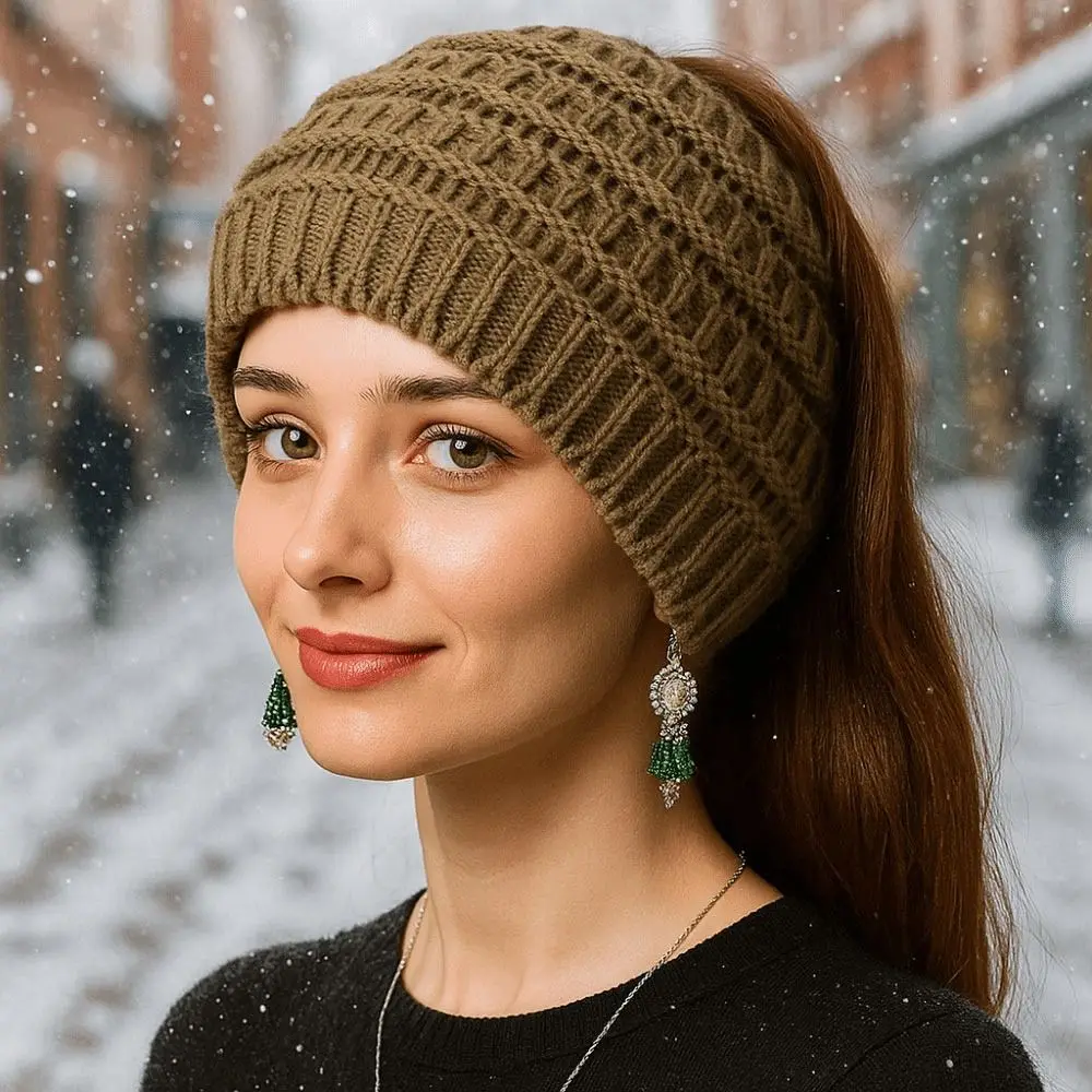 New Women Autumn Winter Ponytail Beanie Hat Solid Color Lady Stretch Knitted Crochet Beanies Hat Cap For Women