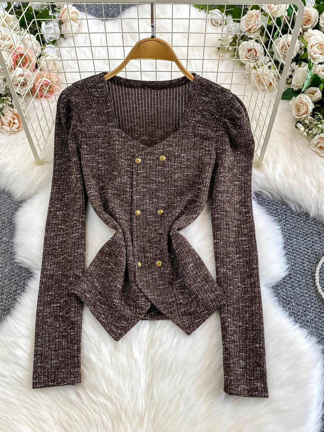 Coreano sle fino ajuste de malha camiseta feminina outono inverno facionable gola quadrada botão duplo emagrecimento topo