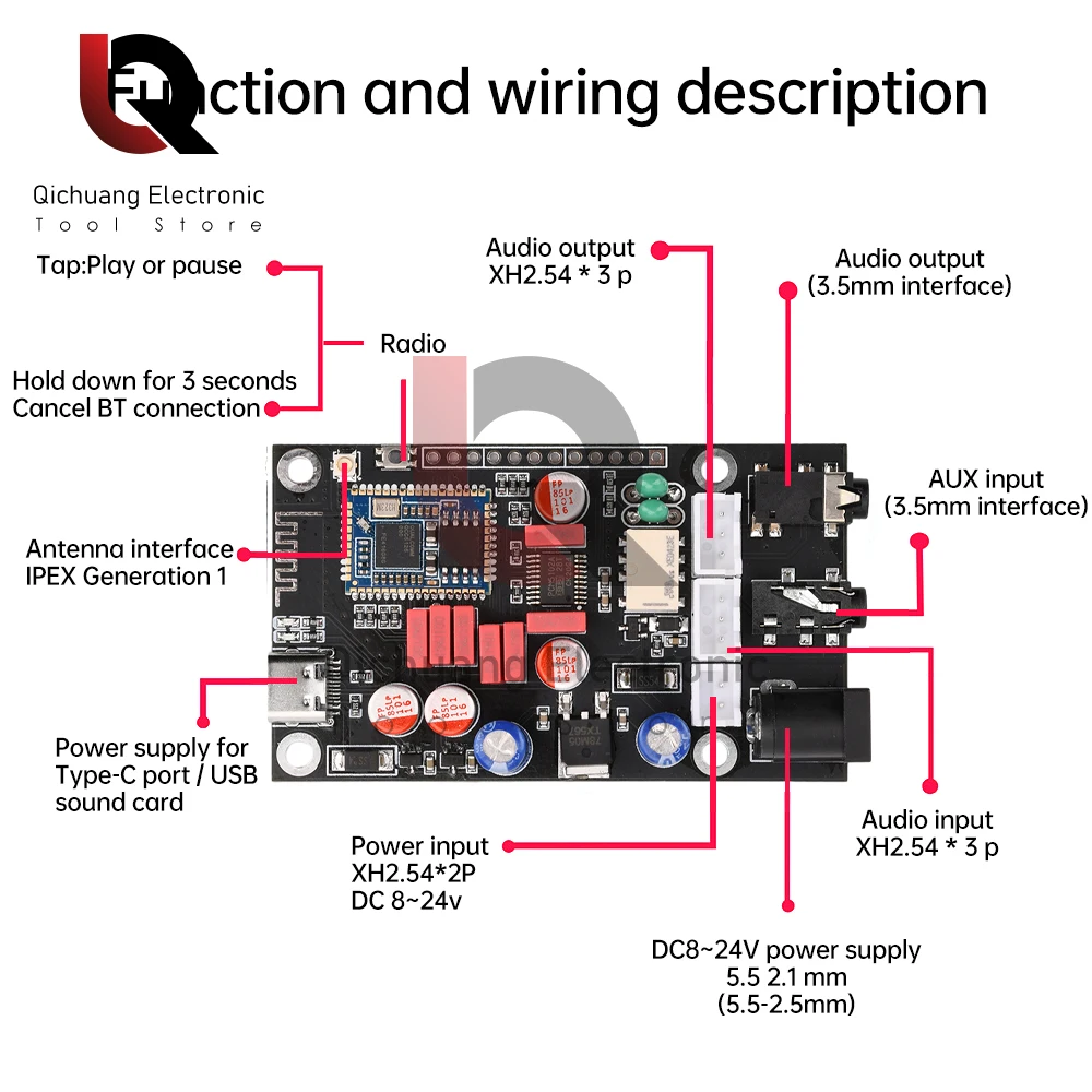 DC8-24V APTX HD QCC5125 LDAC Wireless Adapter Bluetooth 5.1 Receiver Board DAC Audio Decoder Board 16Bit/48Khz APTX LDAC