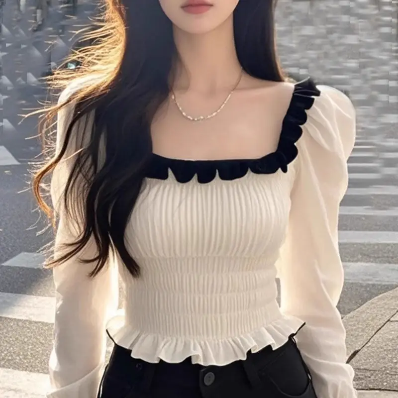 

Модные плиссированные однотонные рубашки с квадратным воротником и пышными рукавами, женские весенне-осенние простые офисные женские темпераментные топы