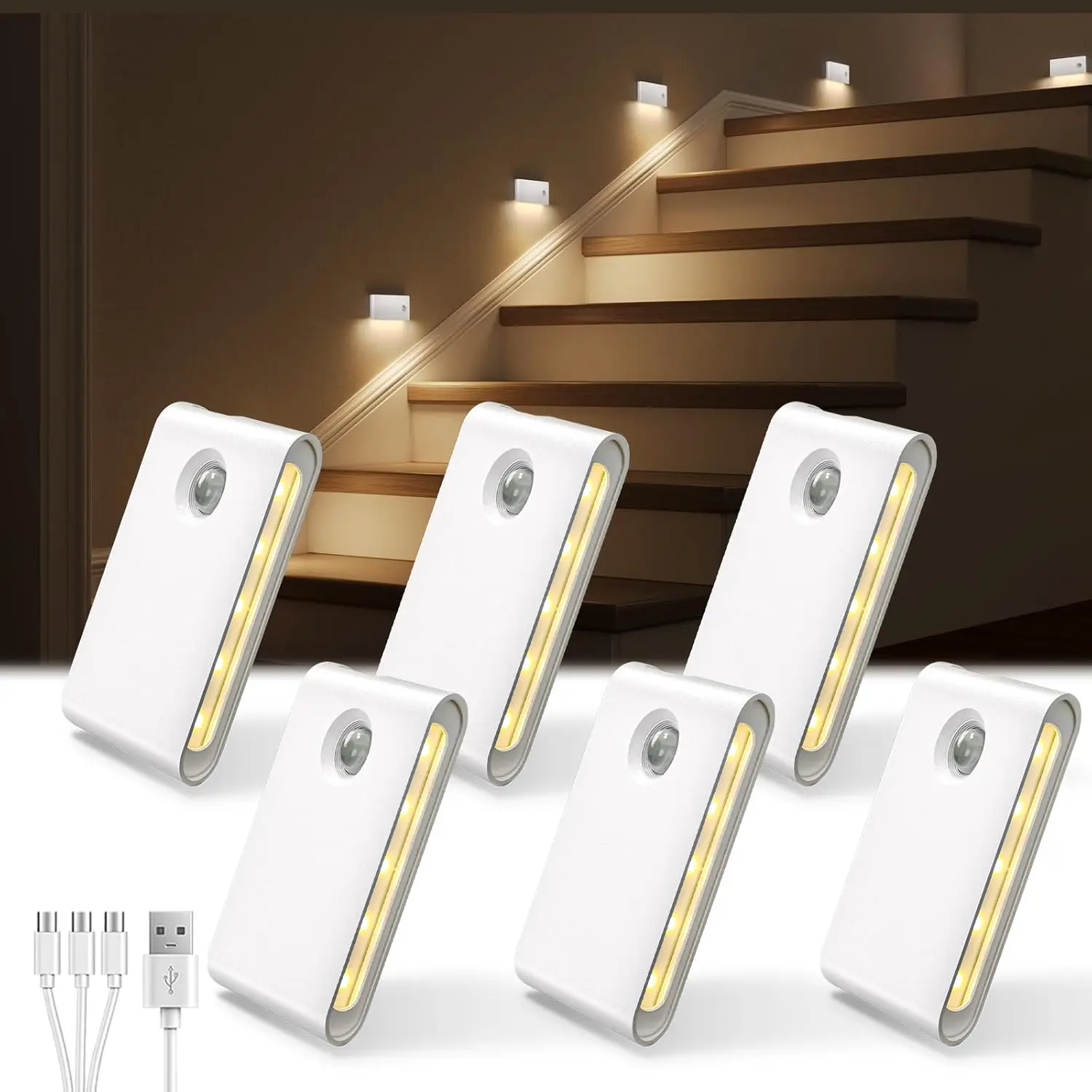 

6 Pack Motion Sensor Night Lights, Sync LED Stair Lights Indoor, Rechargeable & Dimmable