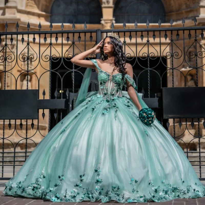

Green Quinceanera Dresses Off the Shoulder Glitter Crystal 3D Flower Decal Long tail Bow Vestidoe 15 Quinceanera Customize