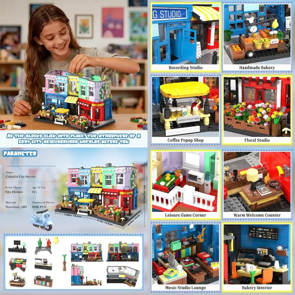 Juego de bloques de construcción London Main Street Architecture: 2666 piezas con estudio de grabación, cafetería, panadería, floristería para Adu