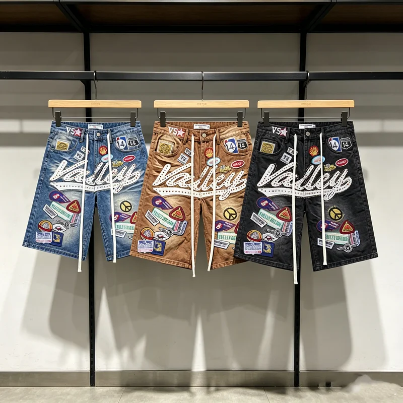 

2026 American VALLEY Embroidery Rhinestone Logo Patch Label Denim Shorts Jorts Men Women High Quality Loose Straight Short Jeans