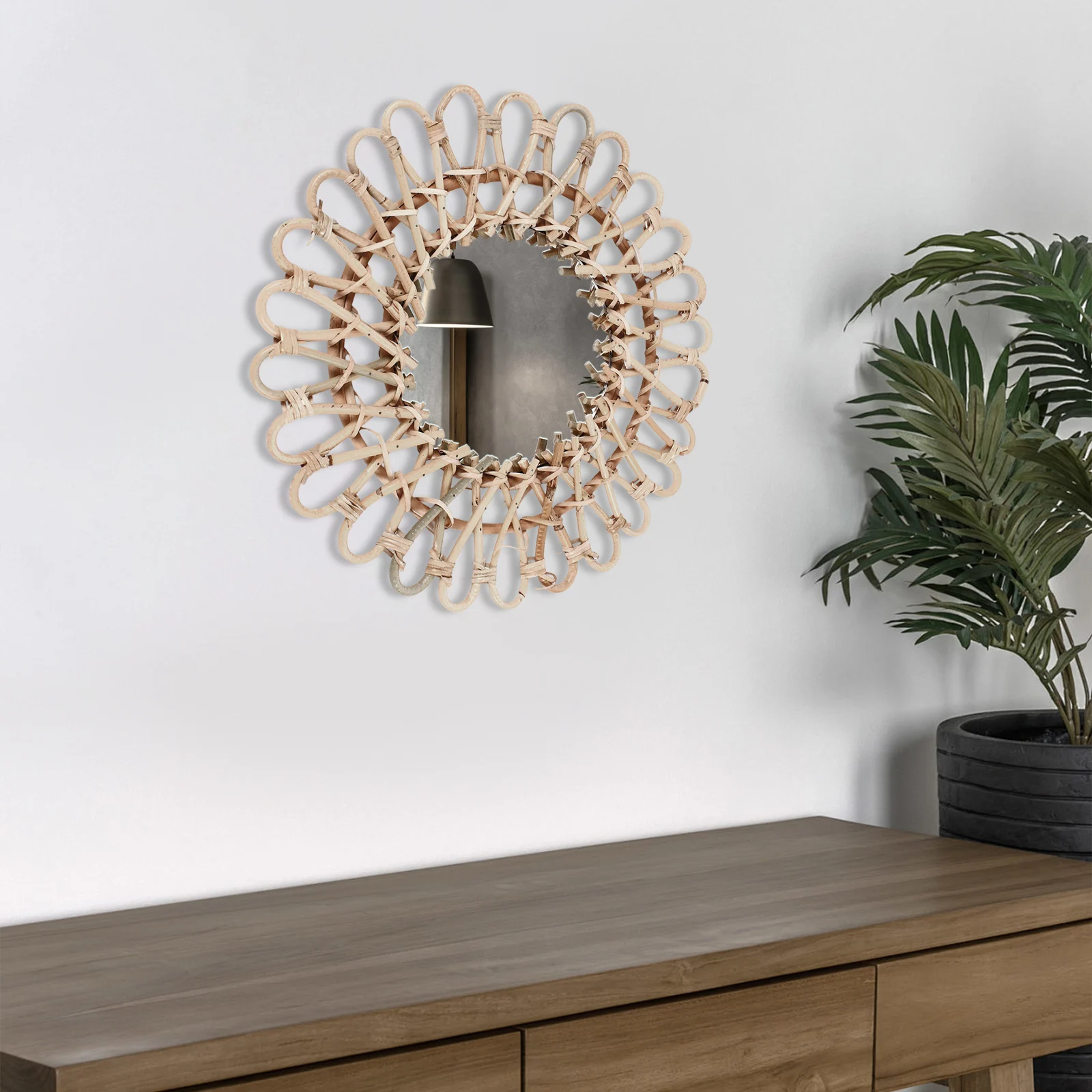 

Nordic Minimalist Wooden Vine Wall Mirror – Handwoven Willow Rattan Natural Bathroom Decor with Non-Marking Nails - Home Accent