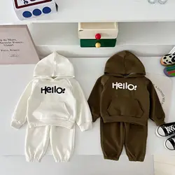 2024 Korean Autumn Baby Boys 2PCS Clothes Set Cotton Pocket Letter Hoodies Solid Jogger Pants Suit Toddler Boys Outfits