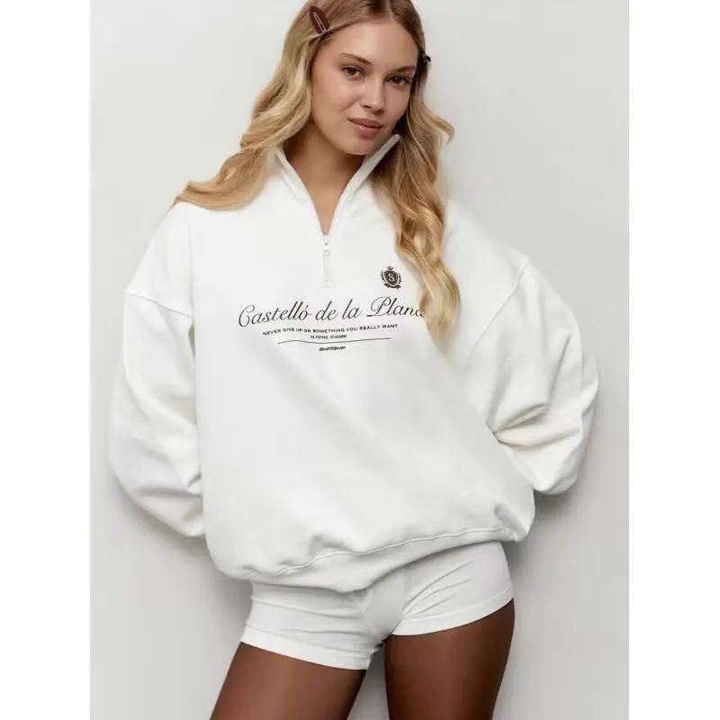 Sweat-shirt rétro style Preppy américain avec lettres imprimées, demi-fermeture éclair, col rabattu, chemises à revers, vin blanc, rouge, loisirs pour jeunes femmes