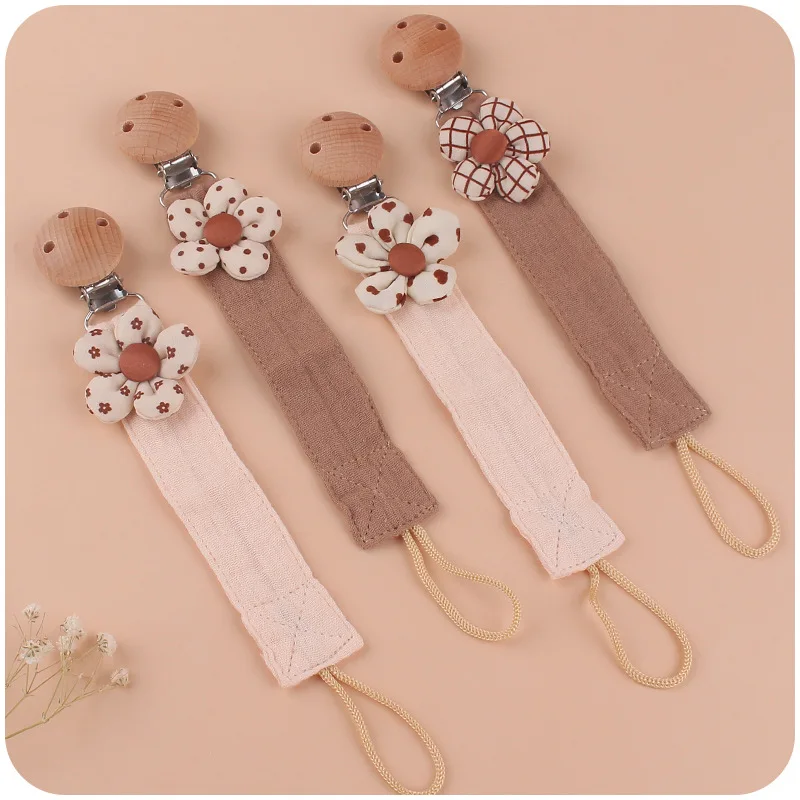 4Pcs Baby Pacifier Clip for Infant Newborn Toddlers Cotton Flower Wooden Pacifiers Chain Nipple Soother Dummy Holder Boys Girls