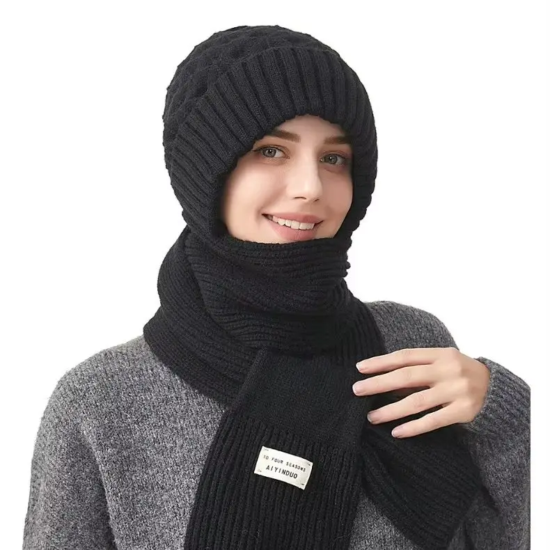 Women's Winter Knit Hat Scarf Set Korean Style Solid Color Soft Thick Warm Beanie with Ear Covers And Neck Warmer Headwear