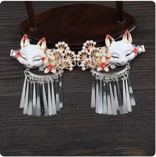 2024 Handmade Vintage Hairpin Hanfu Headwear Classic Side Clip Ancient Girl Cute Fox Clip Tassels Headdress Hair Accessory