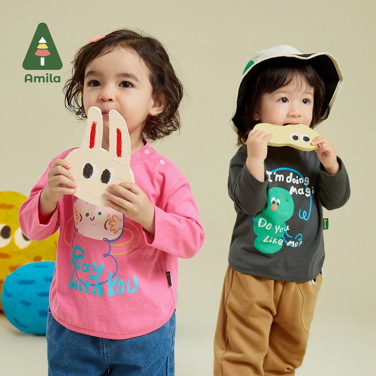 Amila T-shirt for  Boy Girl  2023 Autumn New Multi Color Outfit 100% Cotton Fashion Round Neck  Baby Clothes   Breathable Baby\'s