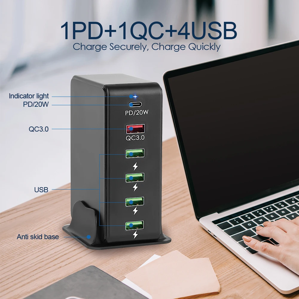 65W USB C Charger 6 Ports Desktop Charging Station Phone Charger For iPhone 15 14 Samsung Huawei QC3.0 PD20W Type C Fast Charger