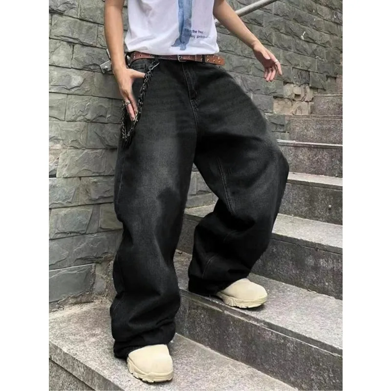 

Модные мужские винтажные джинсы, прямые уличные брюки в стиле хип-хоп, мужские молодежные свободные широкие джинсовые брюки