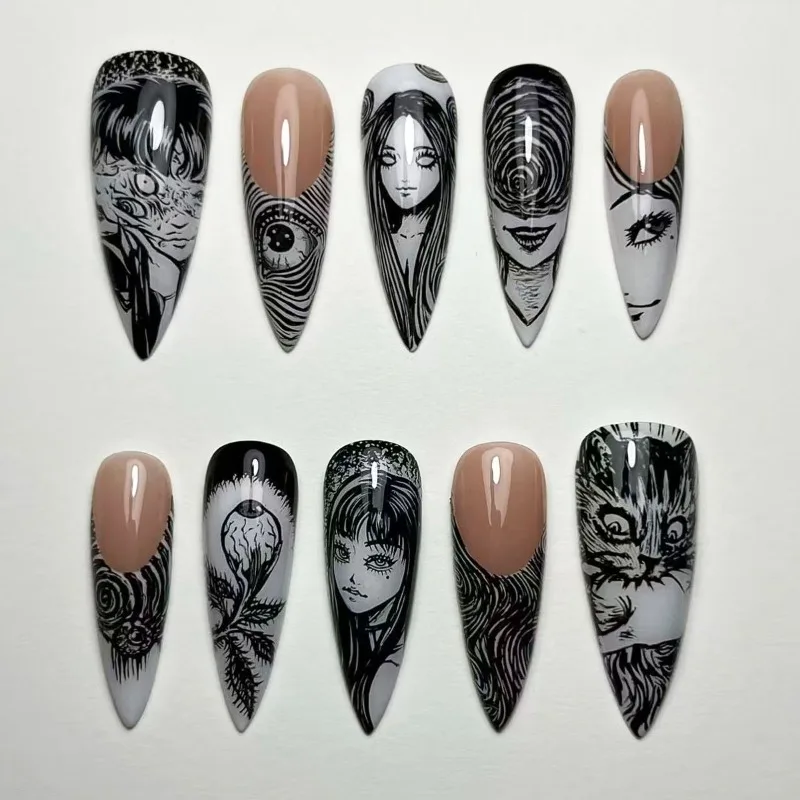 24 Stück Trendige Coole Schwarze Lange Stiletto Aufklebenägel Dunkler Comic Ins-Stil Französische Künstliche Nägel Tragbare Vollabdeckende Falsche Nagelspitzen
