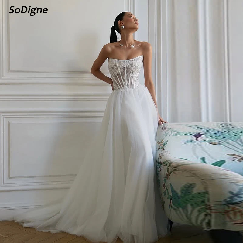 

SoDigne A-line Tulle Appliques Bride Dresses Strapless Sleeveless Wedding Dress Long Bridal Gowns Robe De Mairee Customized