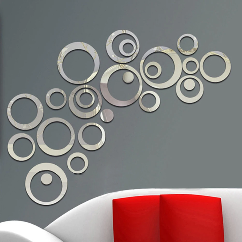 24Pcs Mirror Wall Sticker Removable Acrylic Round Decorative Mirror Wall Stickers DIY Office Living Room Bedroom Decoration
